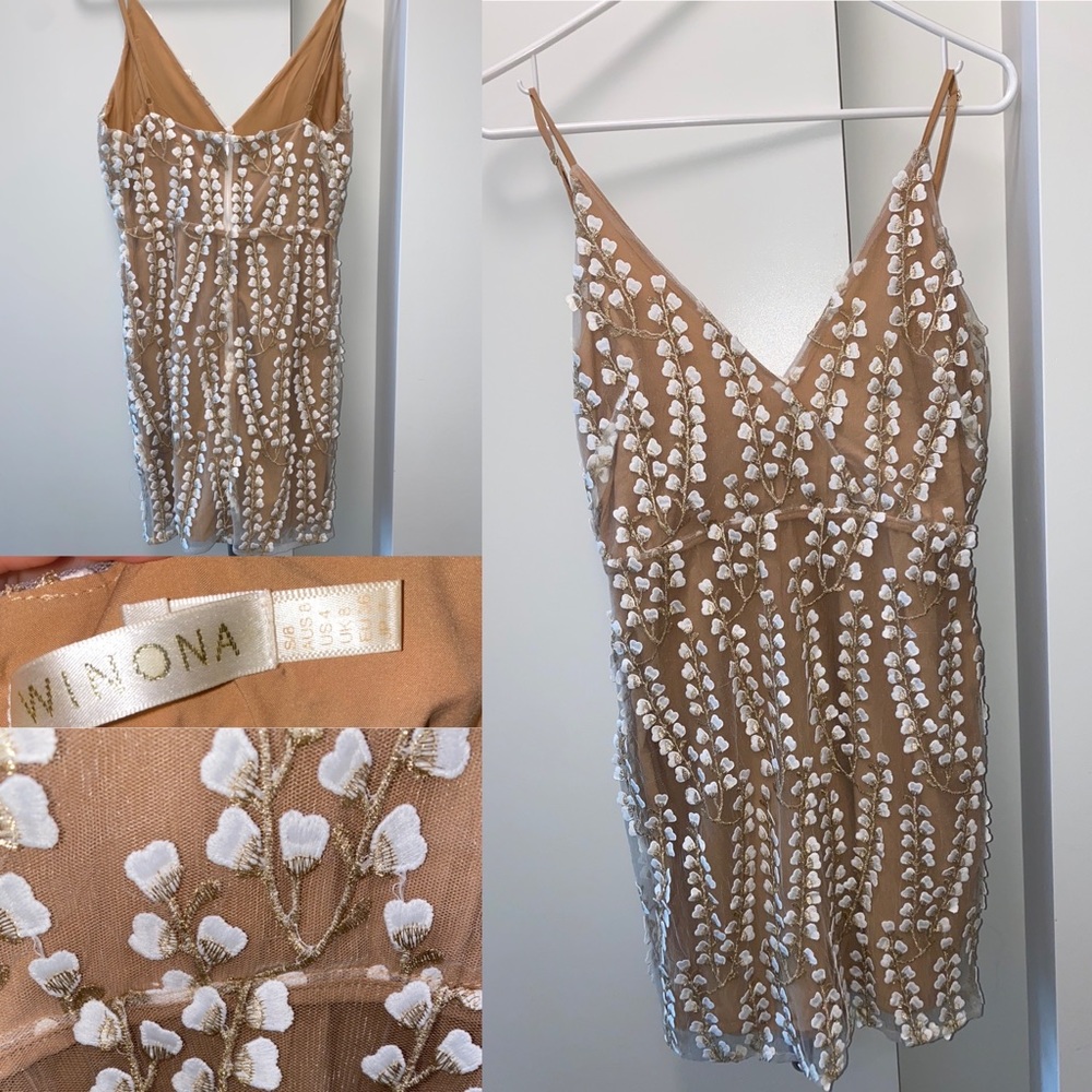 Nude Floral Dress with White & Gold Accents